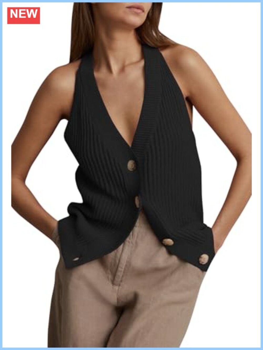 Button Front Sweater Vest V Neck Sleeveless Knit Tank Top